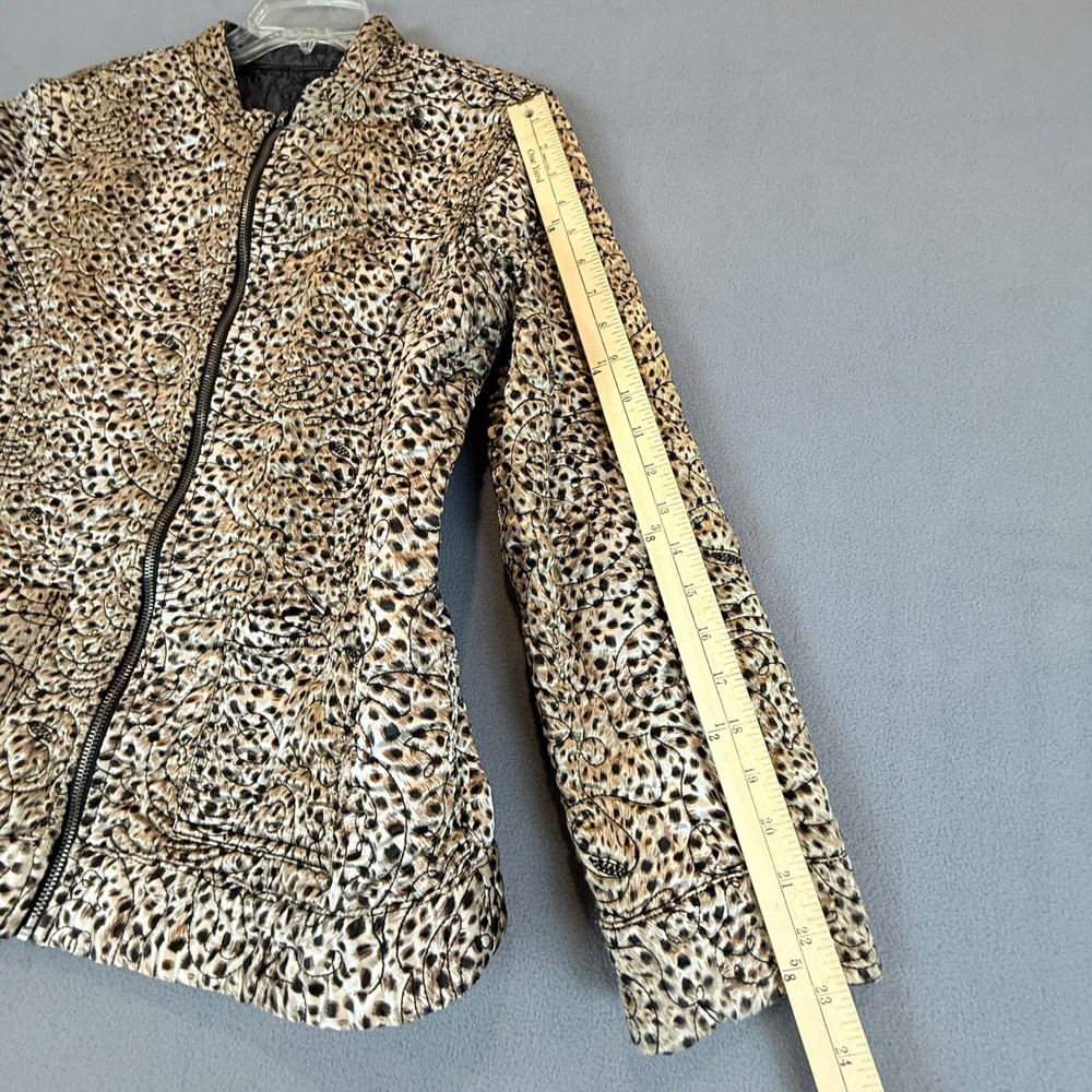 Chico's Reversible Quilted Jacket Women Size 2 Gold Leopard Gray Full Zip Mock - Picture 15 of 16